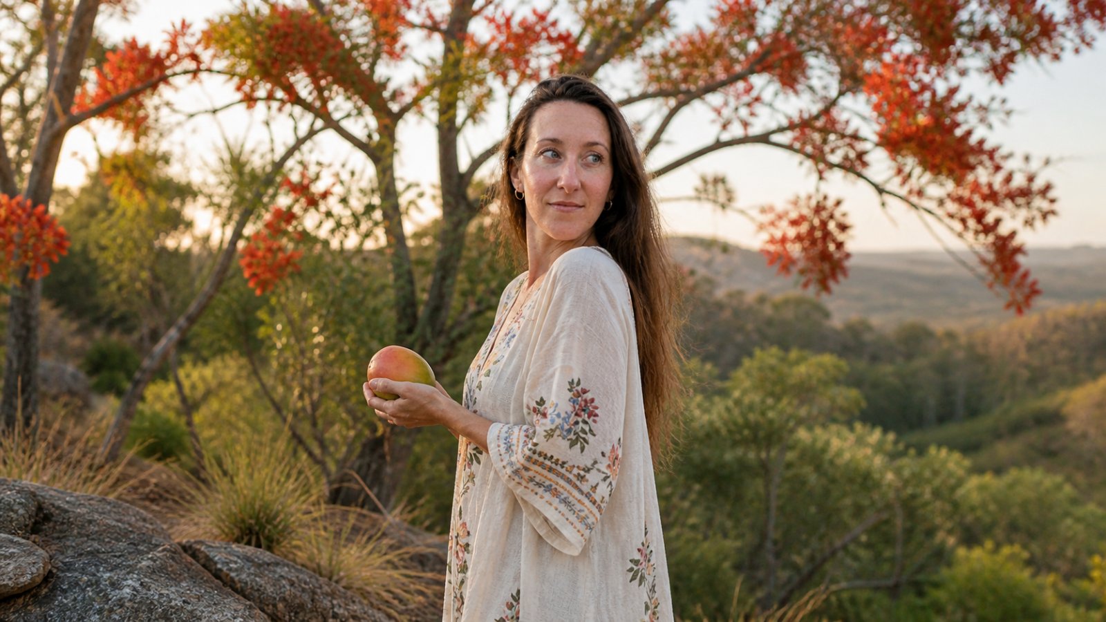 Jodie Louise holding a mango on a hilltop at golden hour