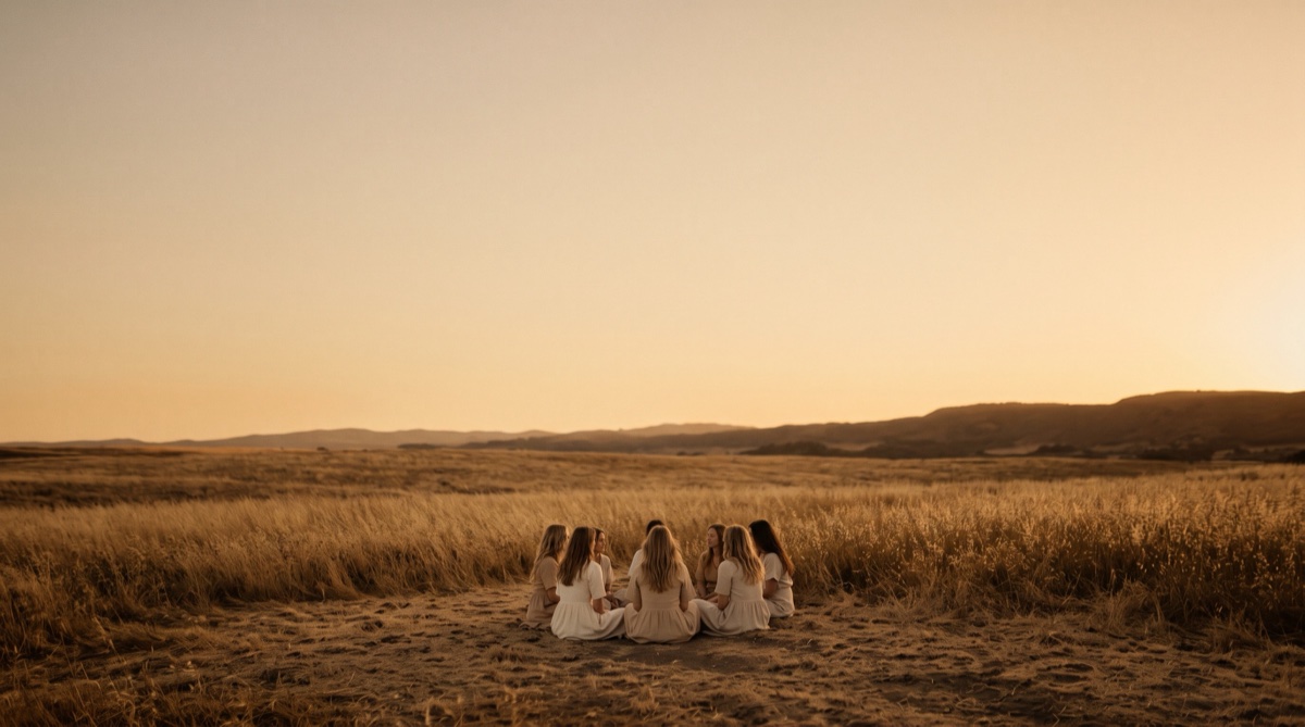 A circle of women sitting together in a golden field at dusk