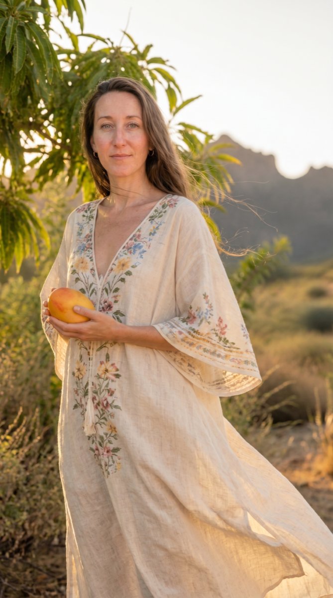Jodie Louise holding a mango under a mango tree at golden hour