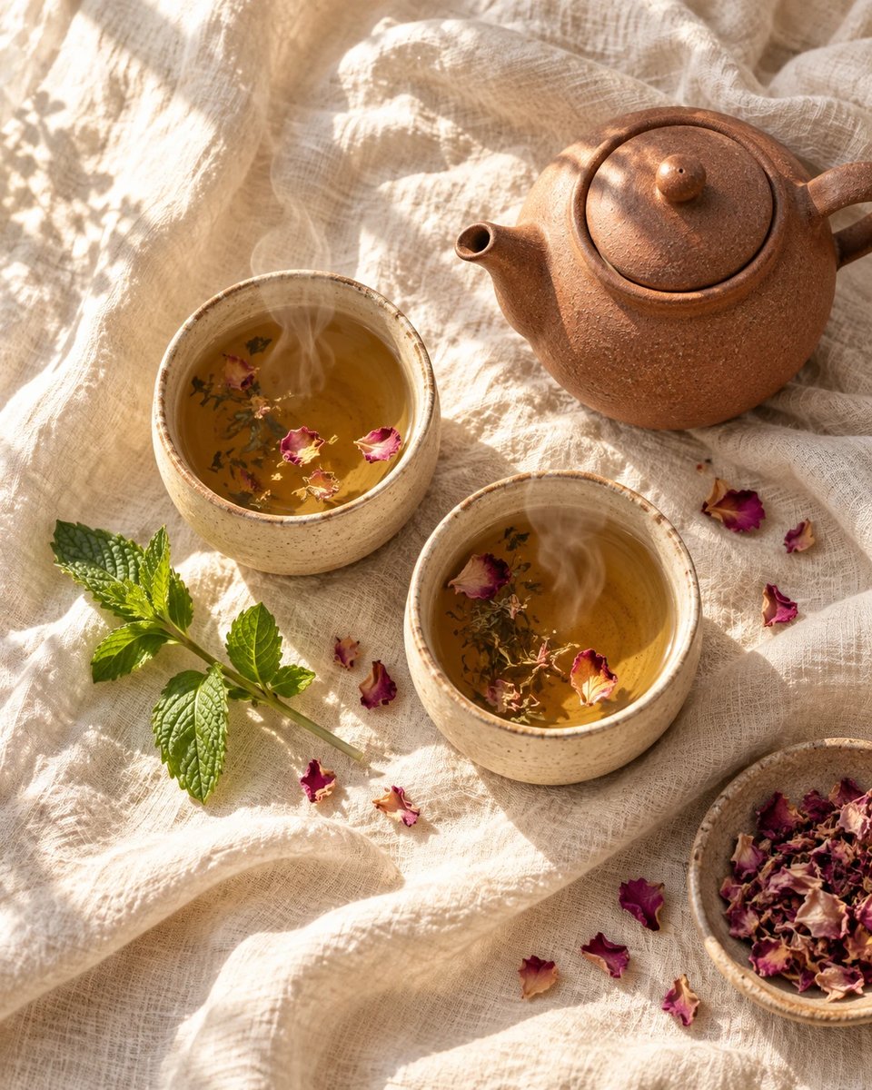 Two cups of steaming herbal tea with rose petals and a clay teapot on cream linen, seen from above