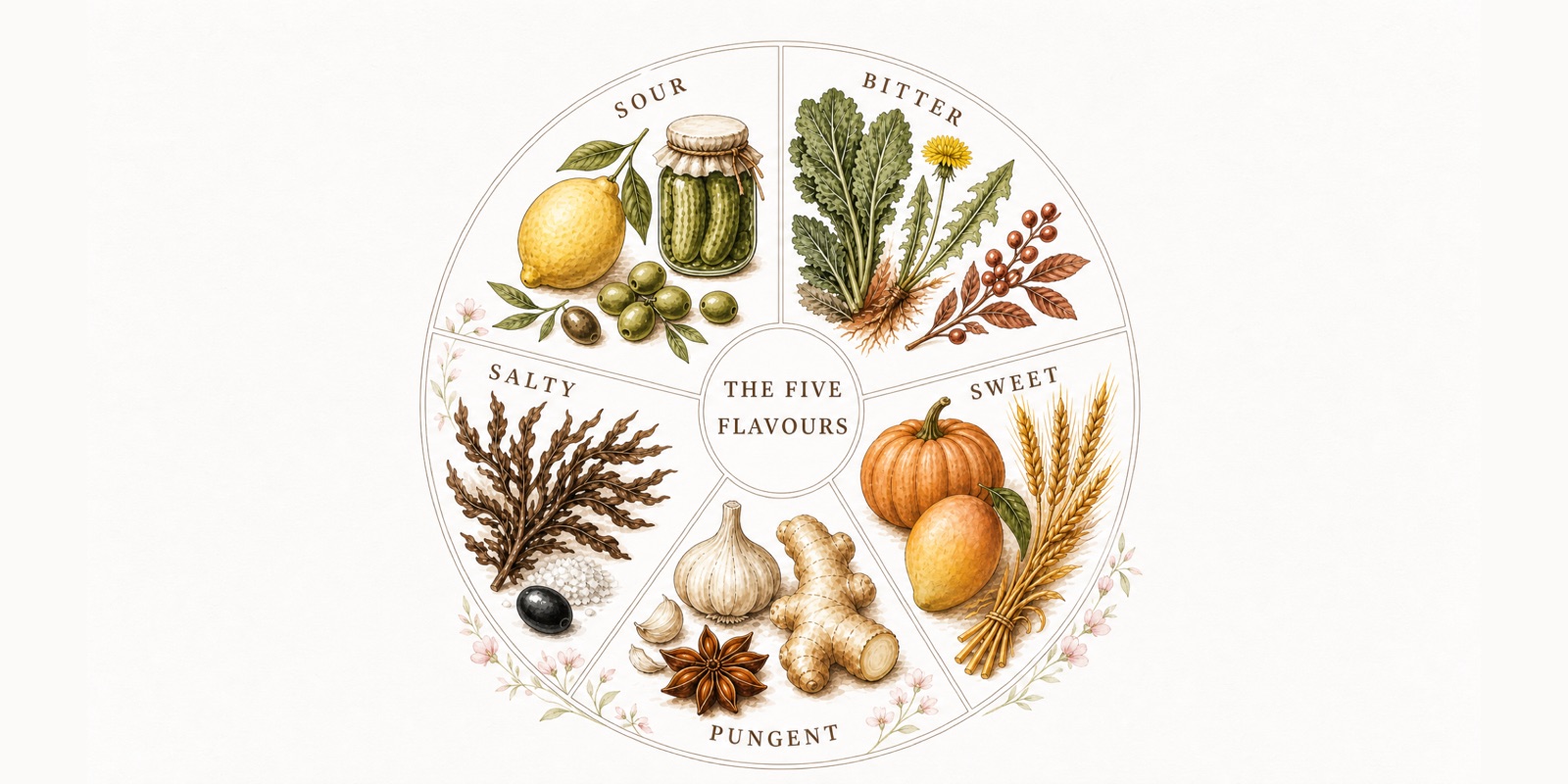 The five flavours of Traditional Chinese Medicine drawn as a wheel of whole foods: sour, bitter, sweet, pungent and salty