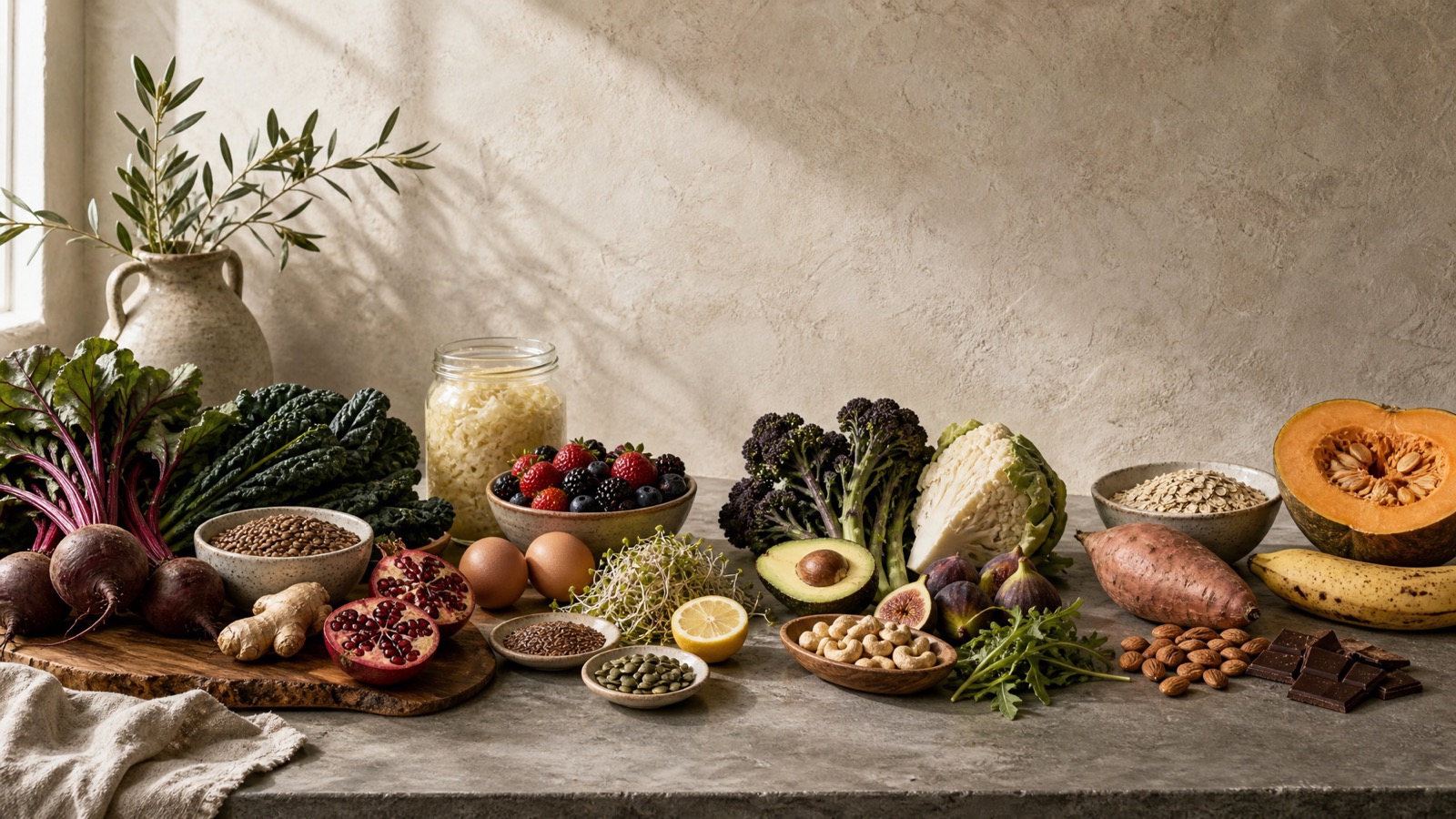 Foods for all four phases of the cycle laid along a stone kitchen bench in morning light: beetroot, kale, lentils, ginger, pomegranate, sauerkraut, berries, eggs, sprouts, lemon, flax and pumpkin seeds, broccoli, cauliflower, avocado, figs, cashews, rocket, oats, sweet potato, pumpkin, banana, almonds and dark chocolate