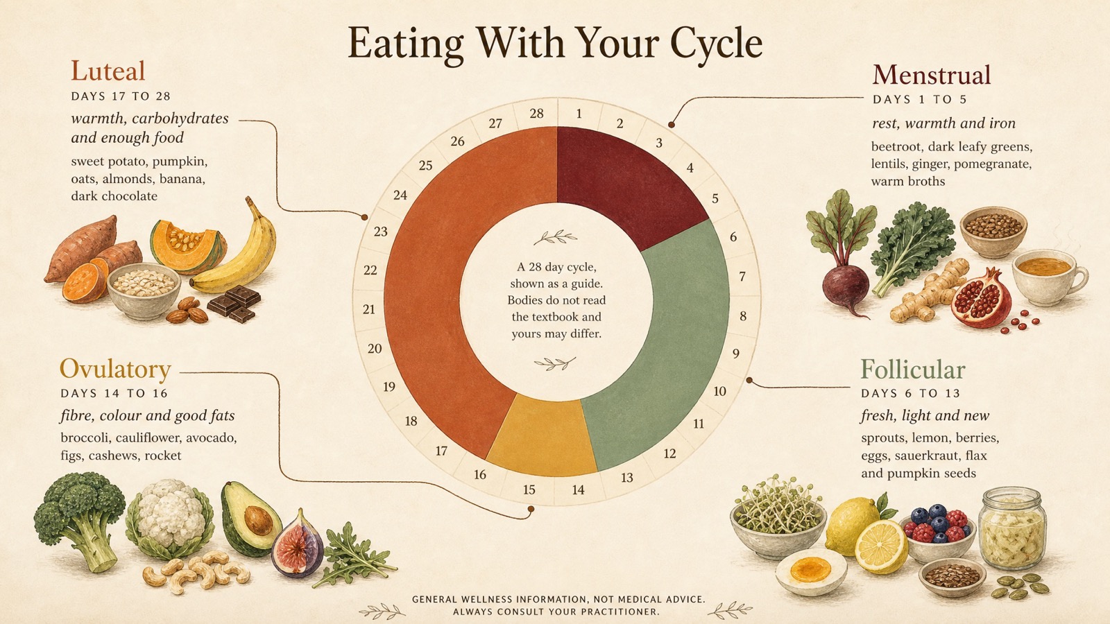 Eating with your cycle: the foods each phase of the menstrual cycle tends to ask for, across the menstrual, follicular, ovulatory and luteal phases