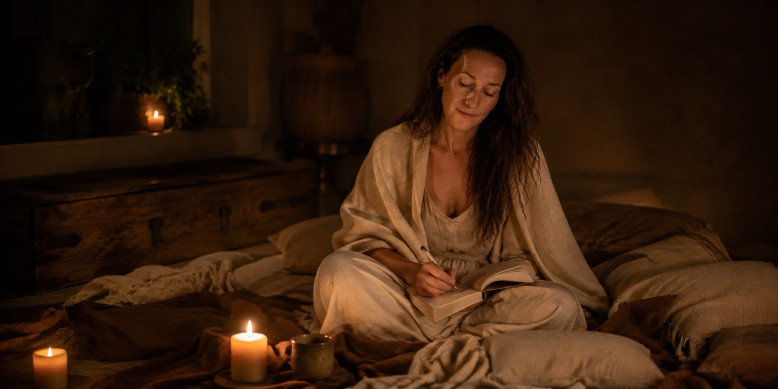 Jodie Louise sitting cross-legged on layered linen by candlelight at night, wrapped in a shawl, writing in a notebook