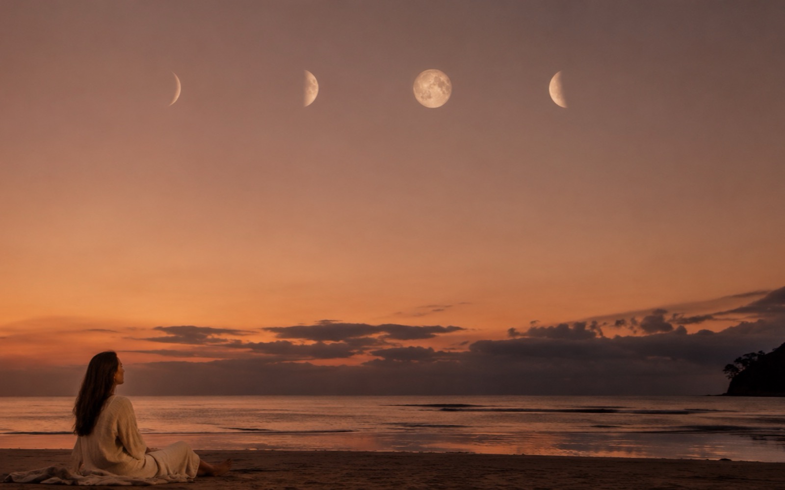 The four phases of the moon in a row above a warm dusk sky, a woman sitting alone on the sand below watching them