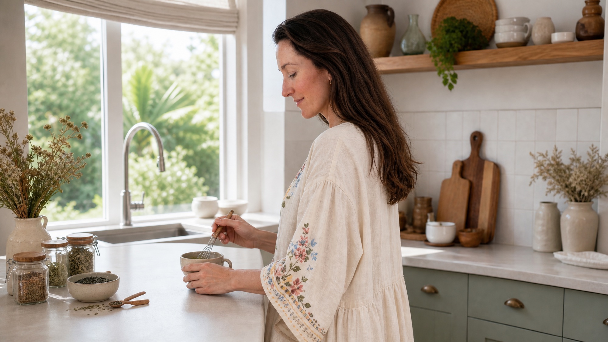 Jodie whisking in a mug at a sunlit kitchen bench