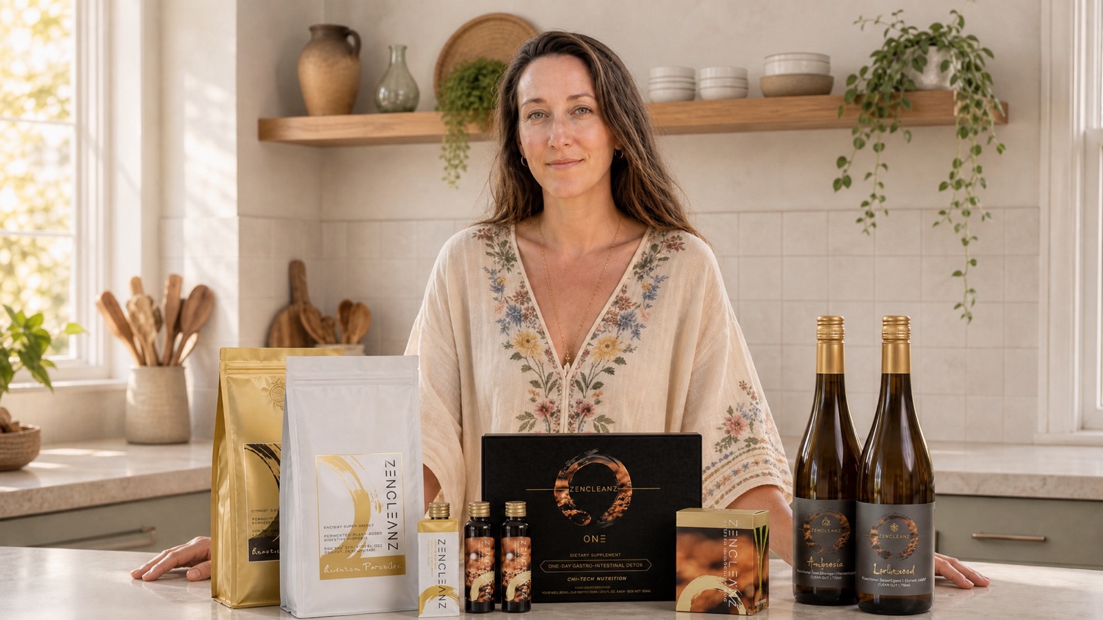 Jodie Louise standing at a kitchen bench behind a ZenCleanz ONE box, pouches and bottles, garden windows either side