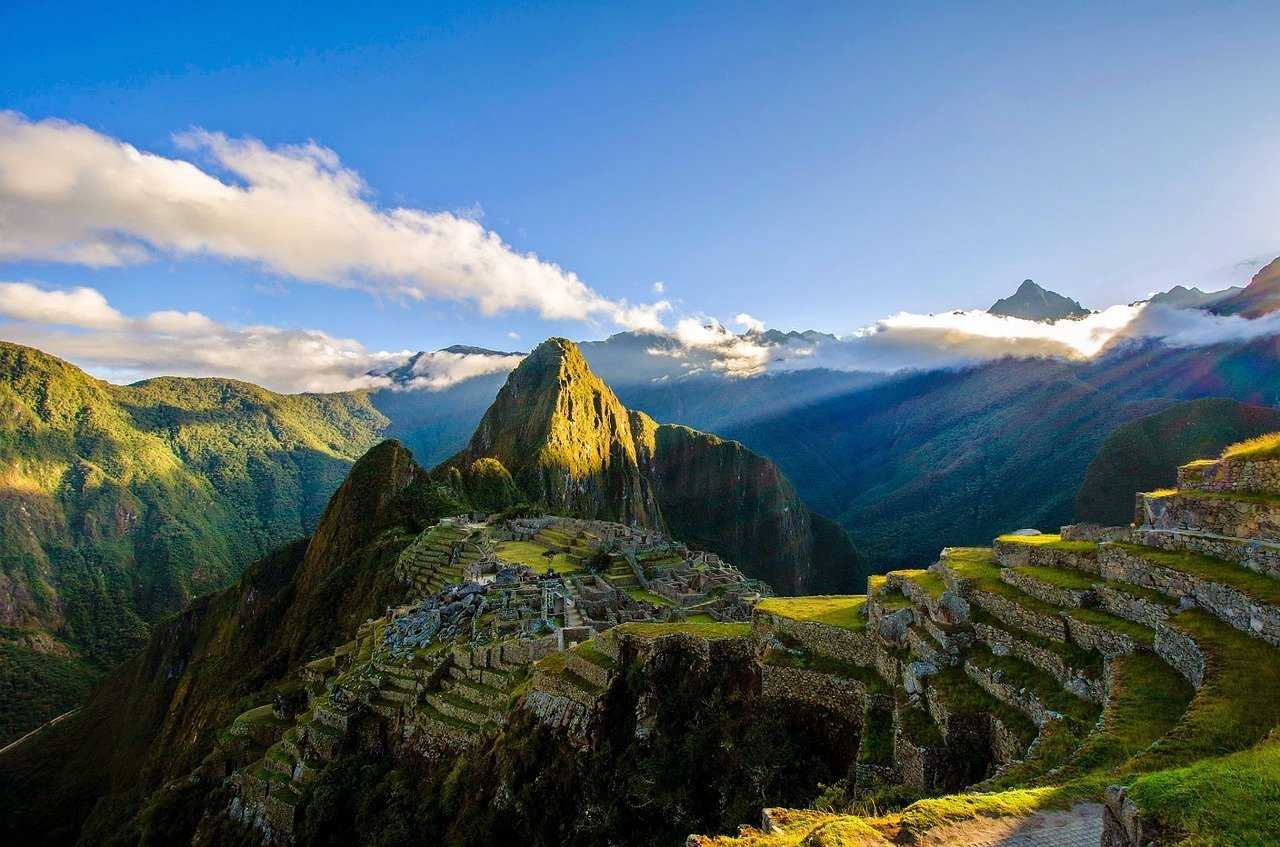 Machu Picchu in the Peruvian Andes, terraced into the ridge above the Urubamba valley