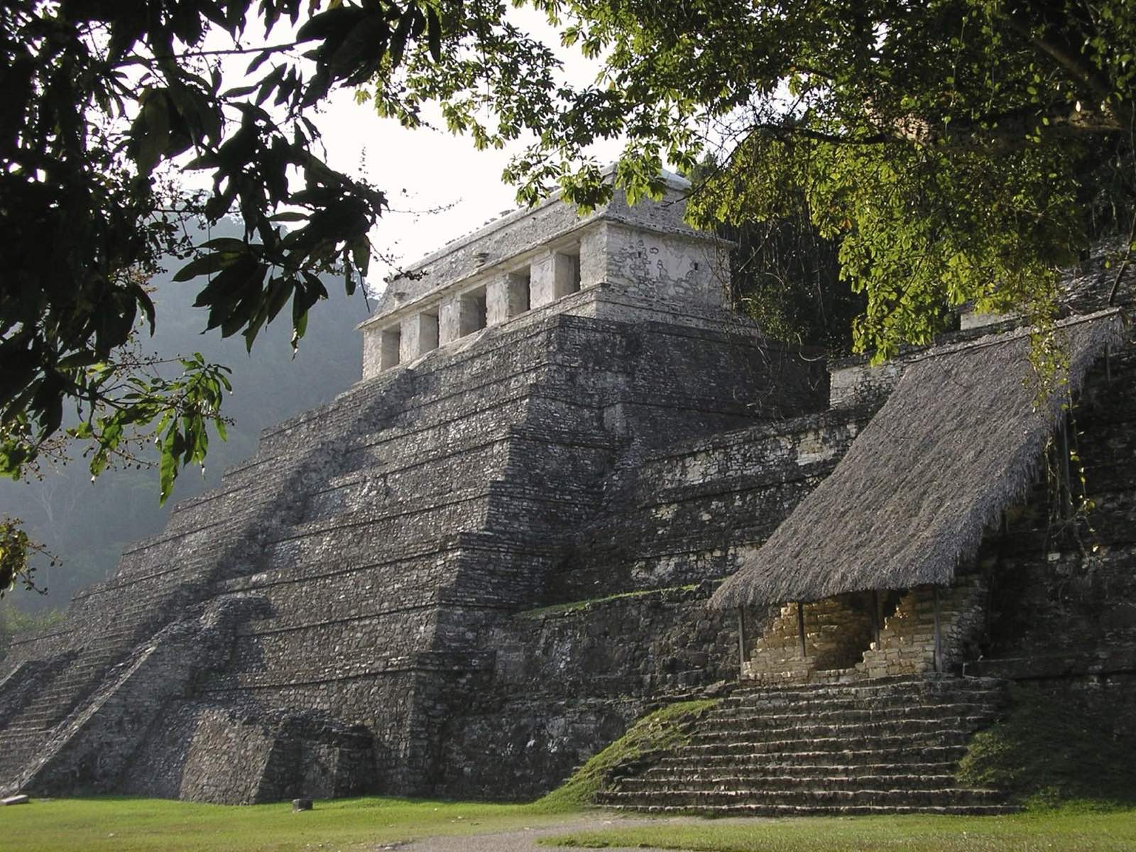 The Temple of the Inscriptions at Palenque in Chiapas, Mexico, a stepped stone pyramid rising out of the jungle in morning mist and framed by leaves