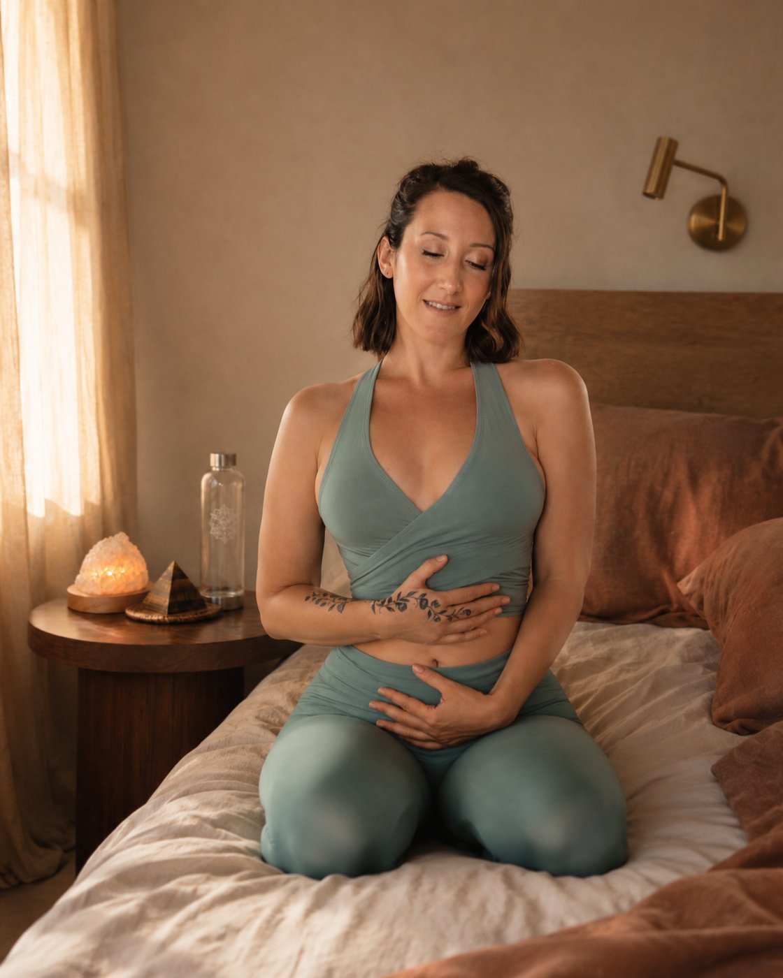 Jodie Louise sitting on her bed in morning light with both hands resting on her belly