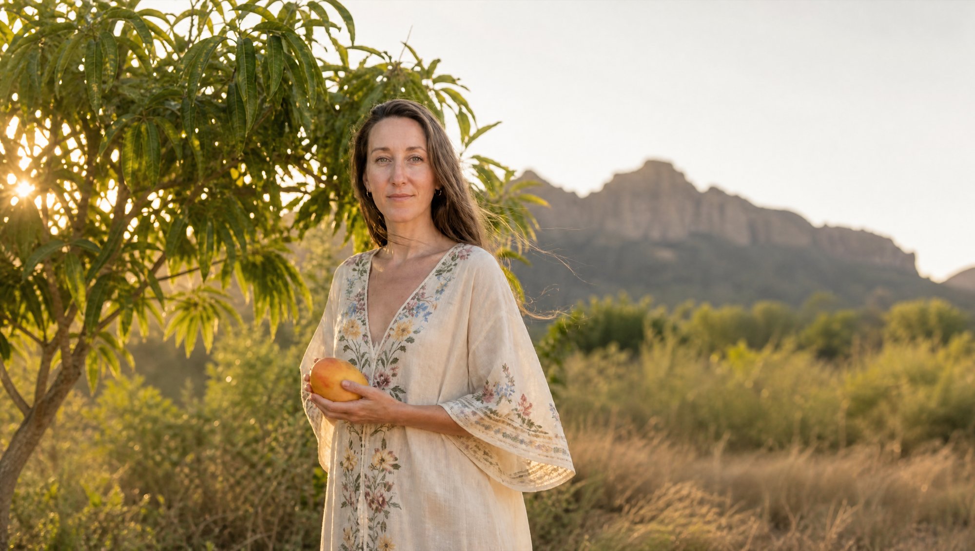 Jodie Louise holding a mango beside a mango tree at golden hour