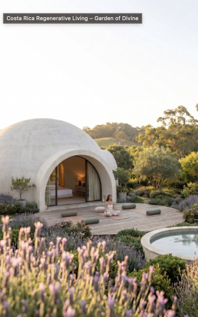 A New Earth space: a domed retreat suite opening to a garden deck