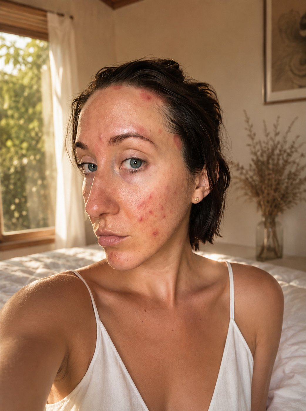 Close-up of Jodie Louise with her skin inflamed