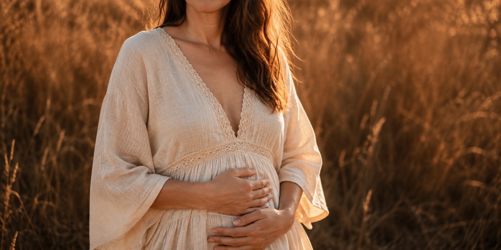 A woman in a cream linen dress standing in long golden grass at sunset, one hand resting low on her belly