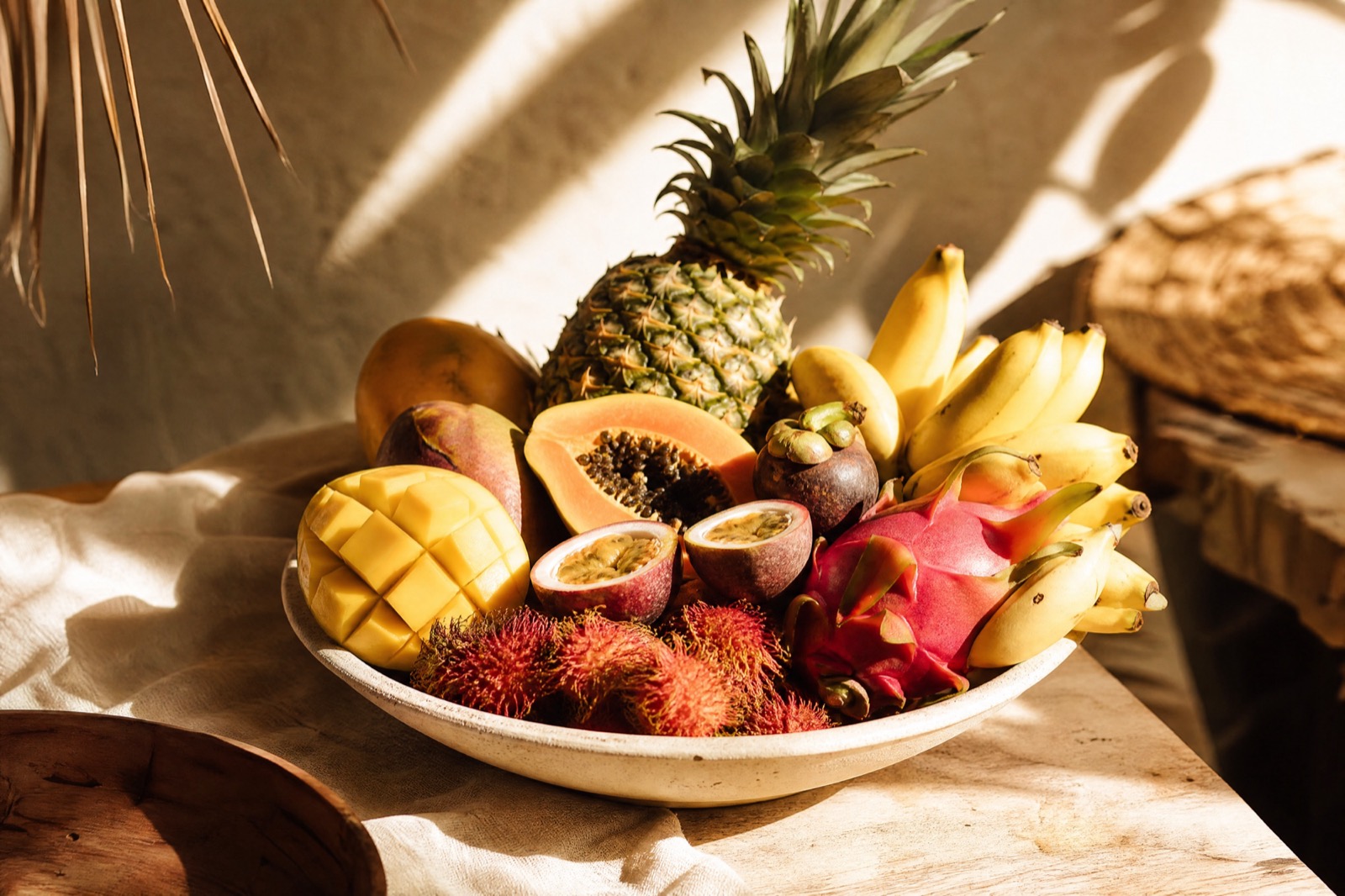 A bowl of tropical fruit in afternoon sun: pineapple, papaya, mango, passionfruit, dragon fruit, rambutan and bananas