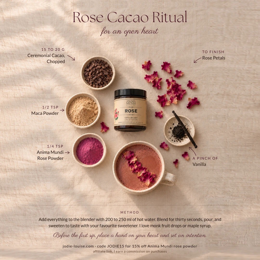 Rose Cacao Ritual recipe card: the Anima Mundi rose powder jar and the finished cup surrounded by dishes of chopped ceremonial cacao, maca, rose powder and vanilla, each labelled with its quantity, and the three-step method below