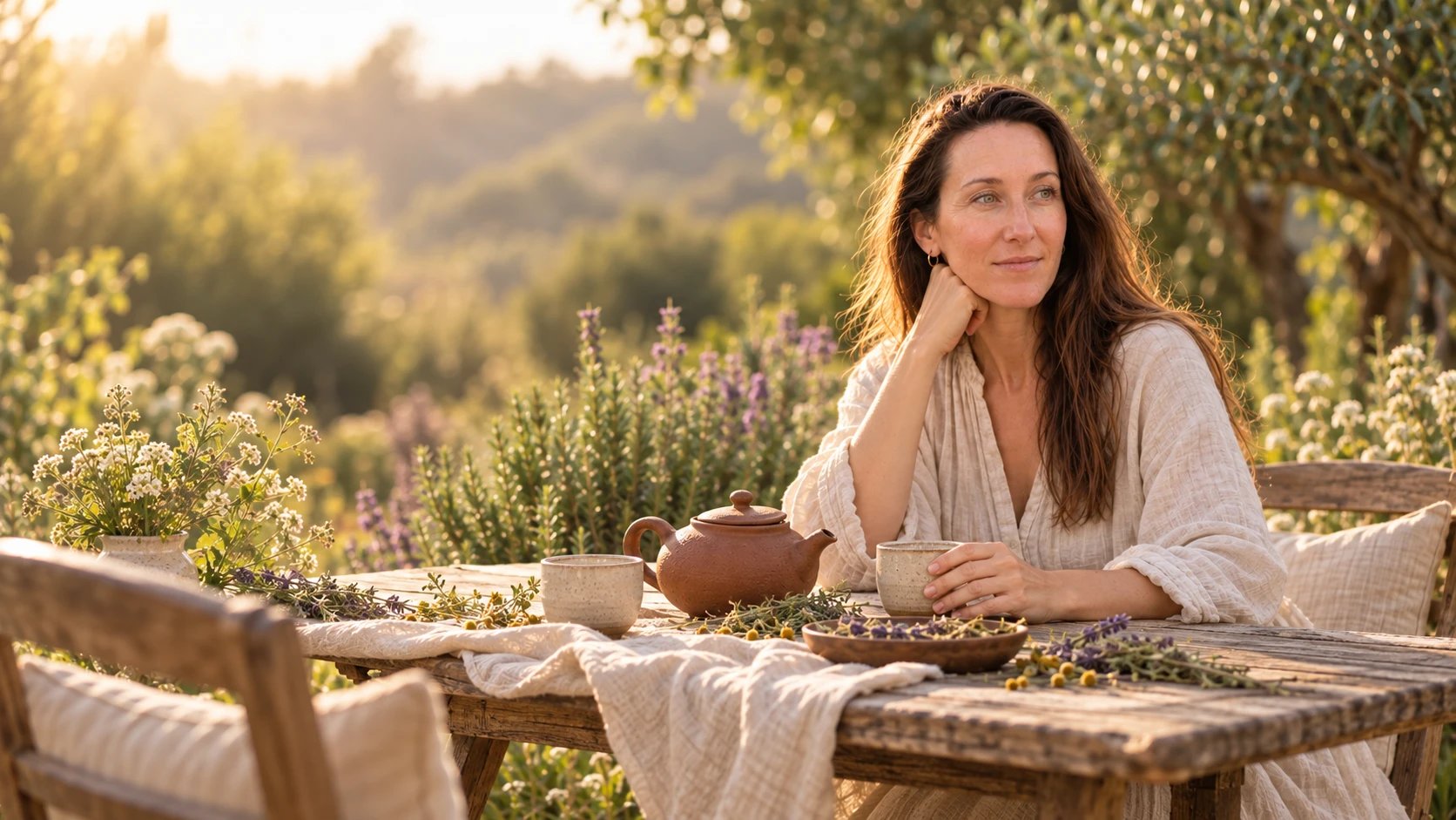 Jodie Louise at a garden table at golden hour with a clay teapot, two cups and an empty chair pulled up opposite