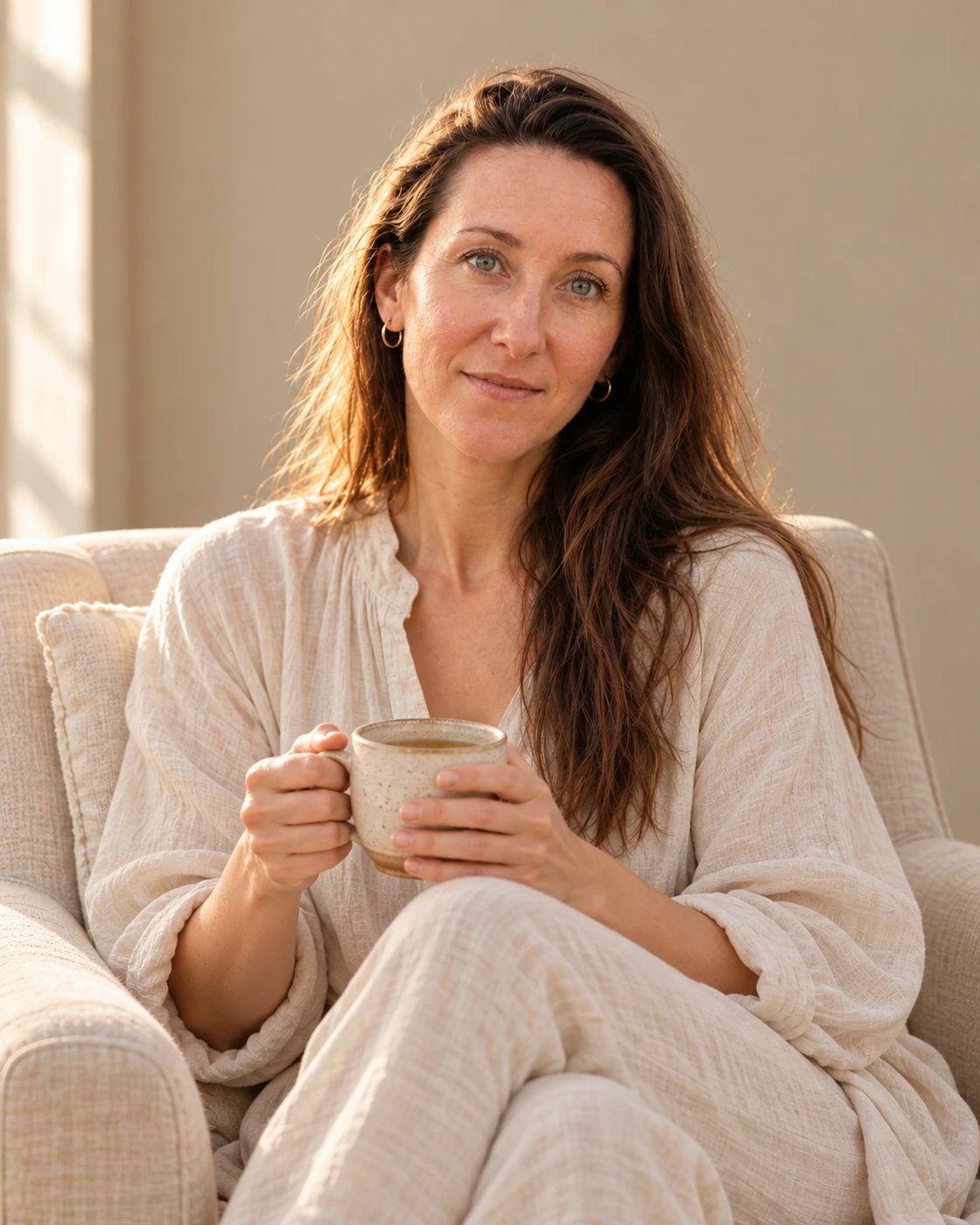 Jodie Louise sitting in a linen armchair in soft window light, holding a cup of tea