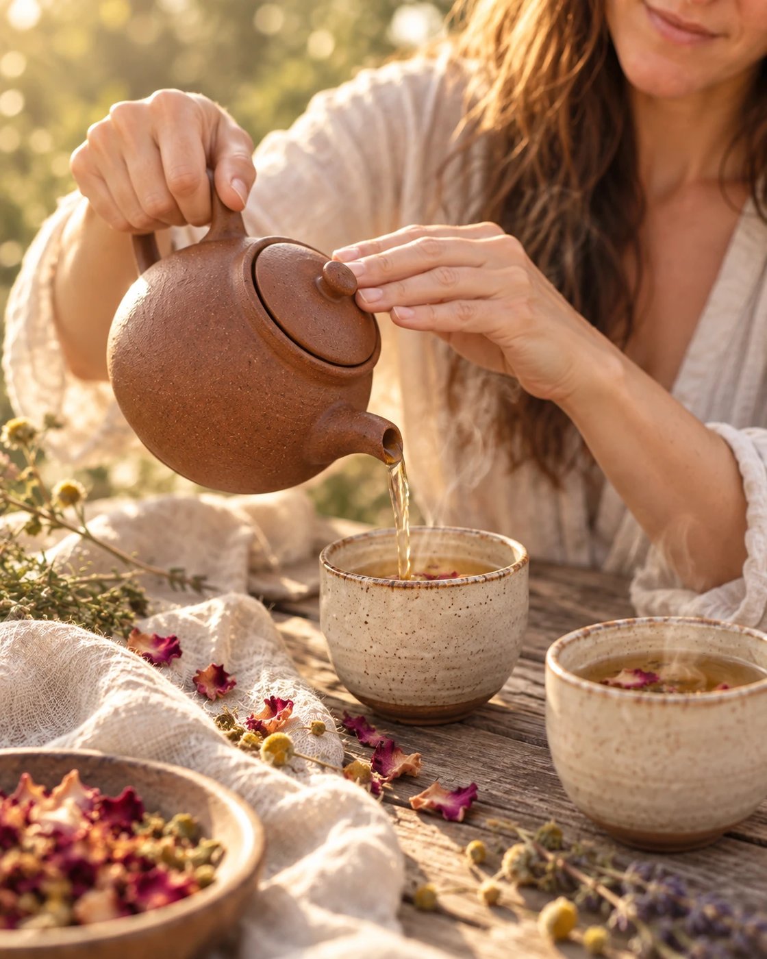 Herbal tea being poured from a clay teapot into a speckled cup, rose petals scattered on the table