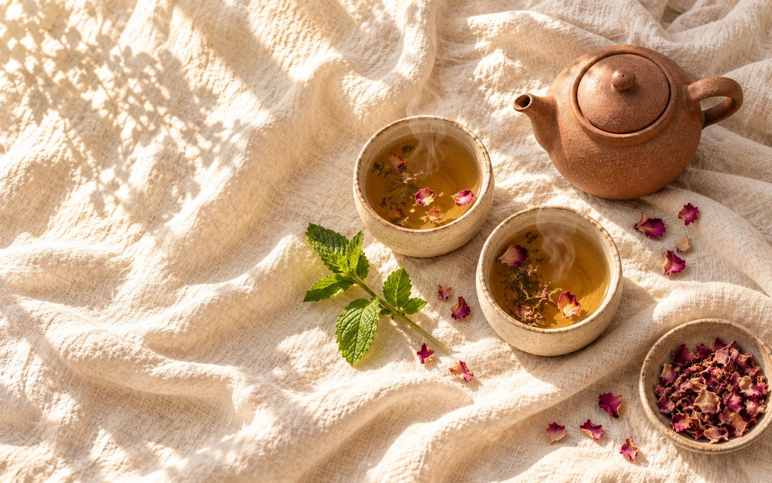 Two cups of steaming rose tea, a sprig of mint and a clay teapot on sunlit cream linen, seen from above
