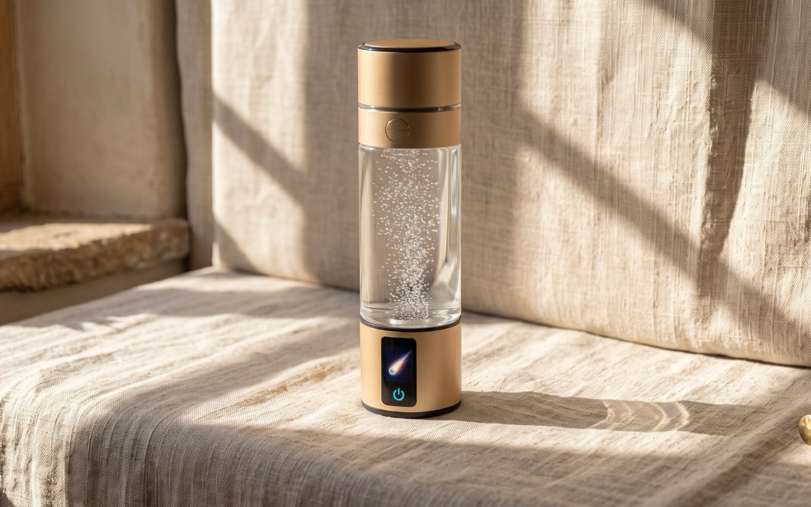 A hydrogen water bottle on a linen-covered window seat in morning sun, fine bubbles rising through the glass chamber