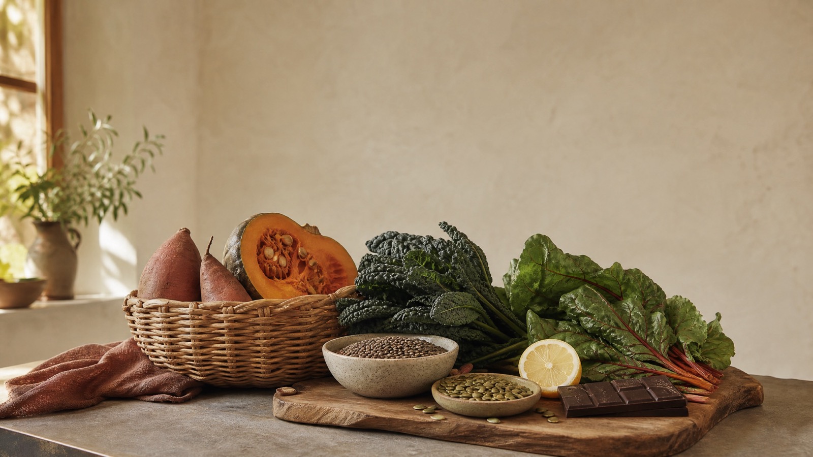 Luteal phase foods in a sunlit kitchen: sweet potato, pumpkin, kale, rainbow chard, lentils, pumpkin seeds, lemon and dark chocolate
