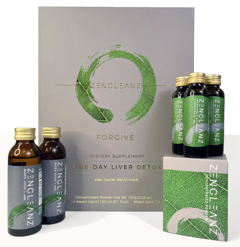 The ZenCleanz FORGIVE kit, a grey green box with five amber bottles and a powder carton
