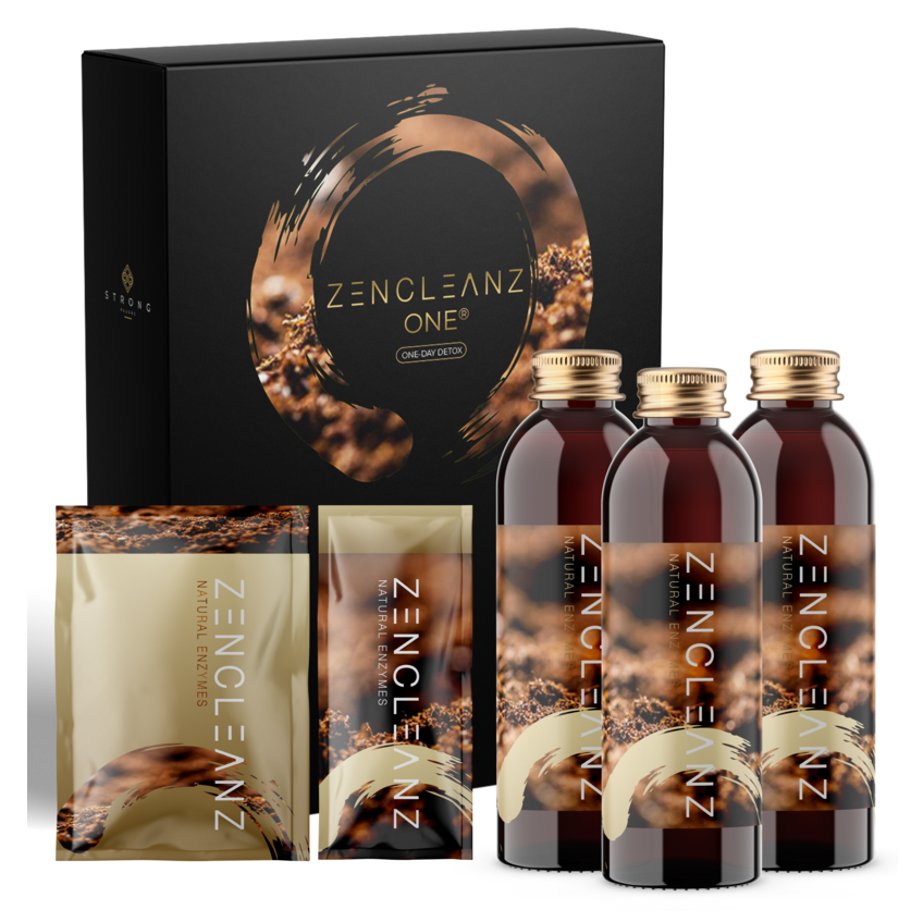 The ZenCleanz ONE kit, a black box with three amber bottles and two sachets of powder