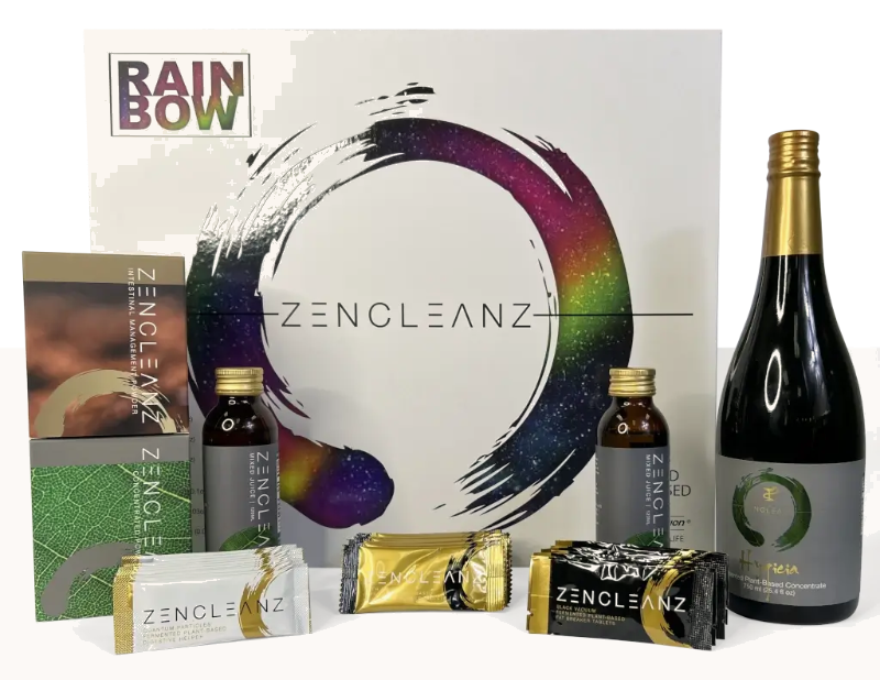 The ZenCleanz Rainbow Protocol kit, a white box with a rainbow ring, bottles, sachets and a bottle of Hygieia