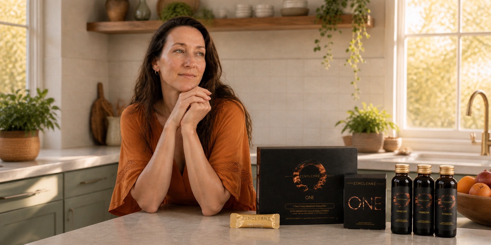 Jodie Louise leaning on her kitchen bench beside the ZenCleanz ONE boxes, three Ambrosia bottles and a Fiber Crystals sachet